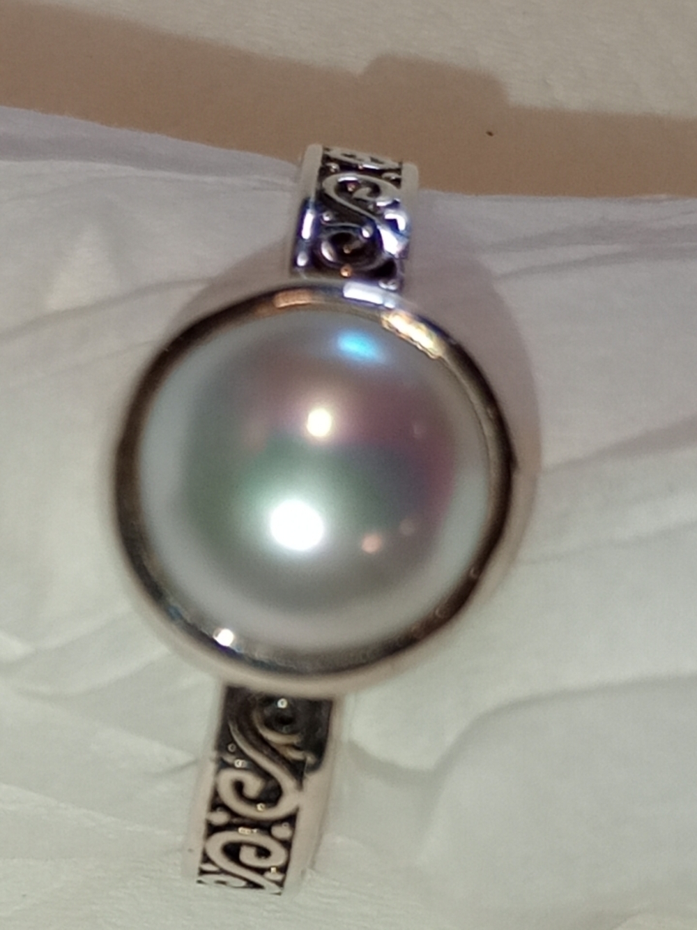Pearl Sterling Silver Scroll Band Pearl Ring Bezel Set By Janice Girardi - Picture 8 of 16